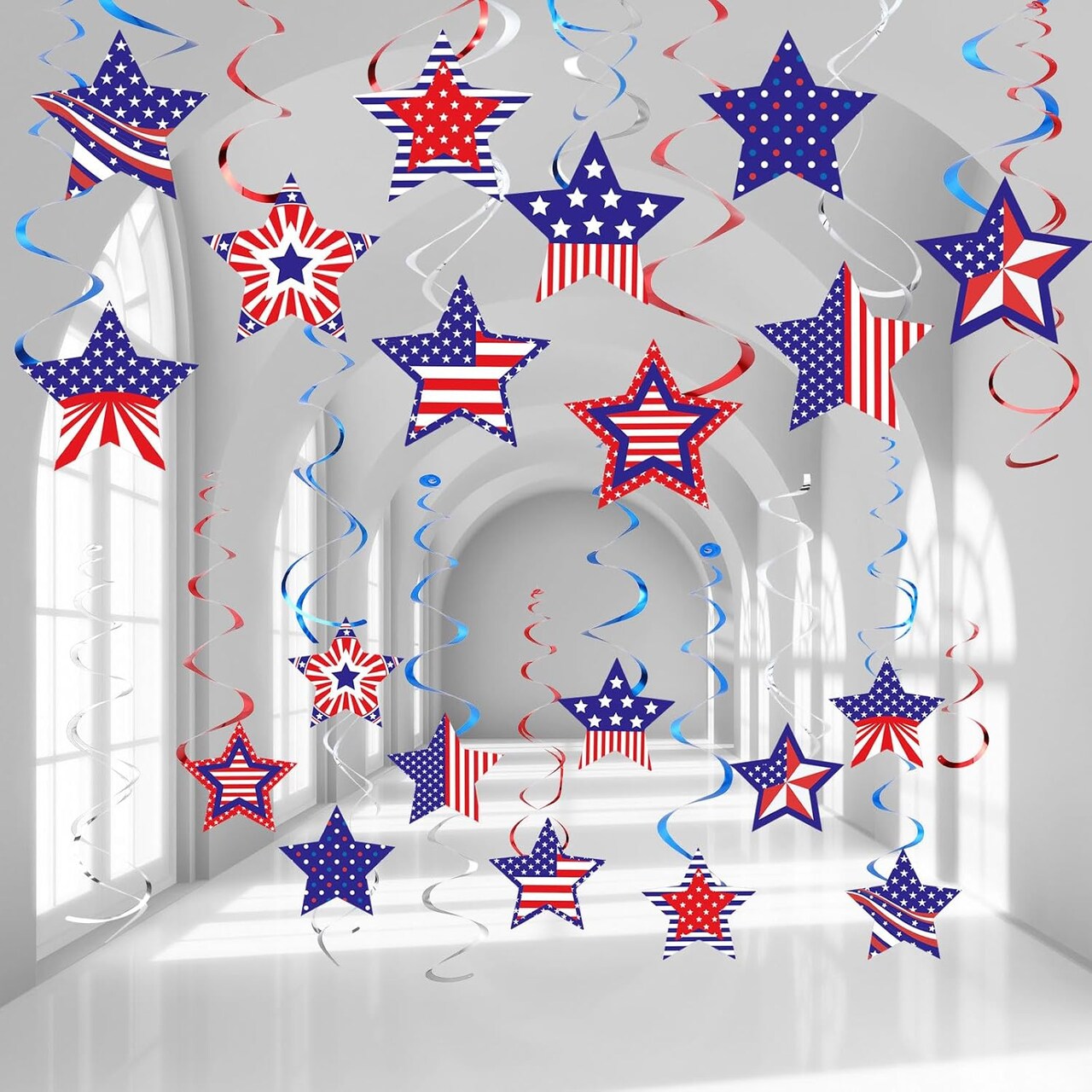 50 Pack 4th of July Hanging Swirl Memorial Day Decorations Star American Flag Ceiling Hanging Supplies Red White and Blue Foil Decorations for 4th of July Independence Day Home Office